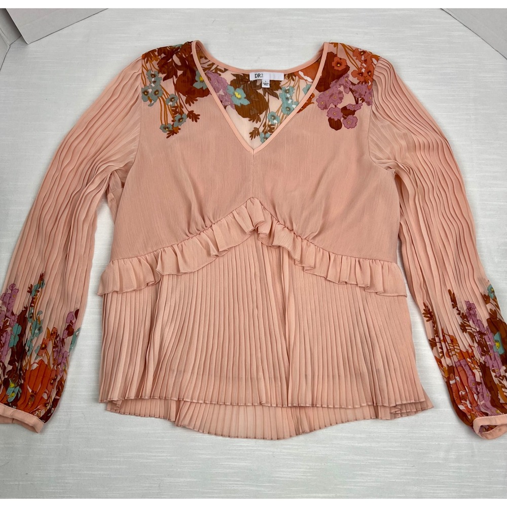 DR2 by Daniel Rainn Peach Pink Floral Pleated Ruffle V-Neck Blouse Large L